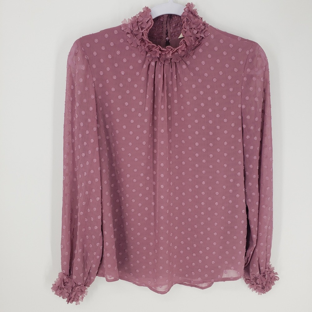 Soft Surroundings Swiss Dot Blouse Top Sz S Mauve Pink Floral Applique Mock Neck